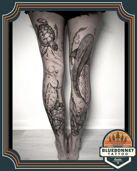 Dive into the deep with this stunning ocean creature leg sleeve, crafted by @botanicalbodyart in the heart of Austin, Texas! From turtles and octopus tentacles to swirling currents, each element flows seamlessly from one canvas to the next, creating a beautifully cohesive underwater world. The dedication to detail brings these sea creatures to life, capturing the movement and mystery of the ocean in every line and shade. #AustinTattoo #OceanTattoo #LegSleeve #BotanicalBodyArt #oceantattoos... Underwater Leg Tattoo, Sea Life Leg Sleeve Tattoo, Octopus Ankle Tattoo, Octopus Tattoos Leg, Sea Creature Tattoo Ideas, Ocean Leg Tattoo, Ocean Leg Sleeve Tattoo, Shelby Tattoo, Octopus Tattoo Leg