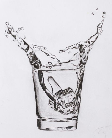 glass of water drawing Water Spill Drawing, Cup Of Water Drawing, Glass Of Water Drawing, Glasses Drawing, Ap Portfolio, Drawing Basics, Landscape Pencil Drawings, Hair Stenciling, Diy Photo Book