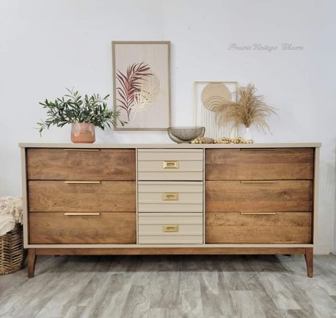 Modern Refinished Furniture, Refinished Long Dresser, Modern Boho Furniture, Buffet Flip, 2 Tone Dresser, Refinished Mid Century Dresser, Vintage Maple Dresser Makeover, Mcm Dresser Makeover, Upcylcled Oak Dressers