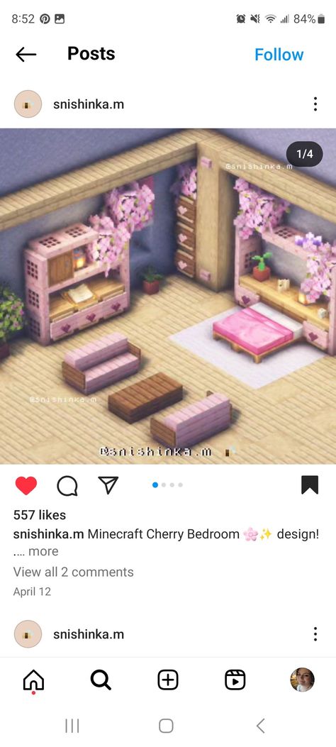 Cute Beds In Minecraft, Minecraft Bedroom Inspiration, Minecraft Room Divider, Pink Bedroom Minecraft Ideas, Minecraft Pink Bathroom, Minecraft House Interior Cottagecore, Minecraft Living Room Ideas Pink, Pink Minecraft Decor, Girly Minecraft Builds Interior