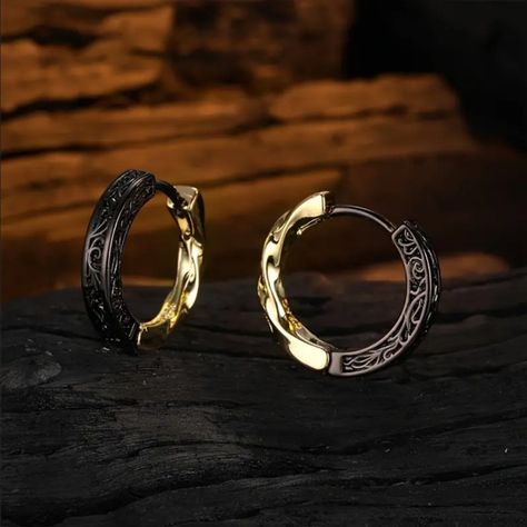 Brand New Men's Gold & Black Round Earrings .65" Size Composition: The Base Metal Is Solid Sterling Silver With A Layer Of Black Rhodium Plating On The Outside On One Half And 14k Yellow Gold Plating On The Other Half. Black Rhodium Is A Type Of Platinum That Is Darker And More Rare. Rhodium Does Not Easily Rust Or Lose Its Shine. These Properties Of Durability, Luster, And Inertness Make It The Perfect Metal For Plating Other Metals Like Sterling Silver Retail Price $295 Buy With Confidence Fro Stud Earrings Men, Black Hoop Earrings Men, Male Earrings, Black Mens Earrings, Black Male Earrings, Mens Earrings, Black Gold-plated Earrings, Mens Earrings Hoop Black, Cross Necklace Simple