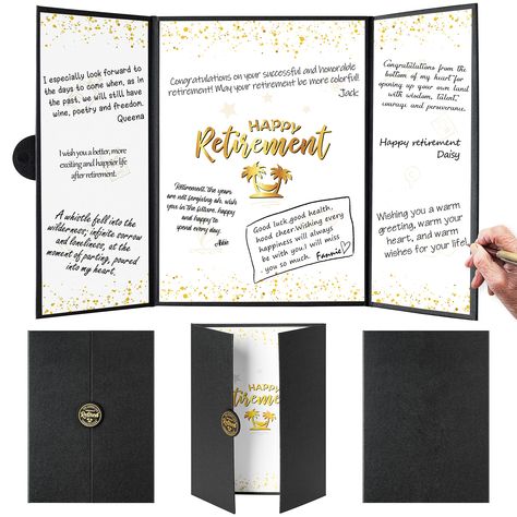 PRICES MAY VARY. What You Will Get: You will receive 1 large size black gold style retirement guest book. It can be used for daily retirement party need and gift-giving needs. Jumbo Size: The size of guest book is 17.1 x 12.1 inches when unfolded and 8.9 x 12.1 inches when folded, the card is large enough to provide plenty of space for leaving message. Three-fold Design: This message card is triple-fold design. The cover is made of high-grade black pearlescent paper, the inner page is printed wi Farewell Party Decorations, Happy Retirement Cards, Signature Board, Goodbye Party, Party Table Centerpieces, Retirement Party Decorations, Office Men, Pearlescent Paper, Icebreakers