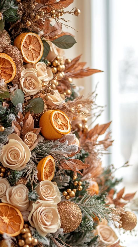 Close-up of a decorated Christmas tree with dried orange slices, flowers, and gold accents against a beige wall and white White And Orange Christmas Tree, Orange Christmas Decorations Color, Christmas Tree With Dried Oranges, Oranges Christmas Decoration, Dried Oranges Christmas Tree, Sugared Fruit Christmas Decor, Burnt Orange Christmas Decor, Christmas Tree Oranges, Orange Christmas Aesthetic