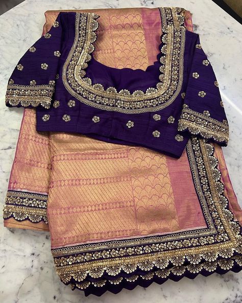 Blouse Design For Border Saree, Saree Cut Work Designs, Violet Colour Blouse Work Designs, Saree Work Design Embroidery, Cut Work Blouse Designs, Saree Border Designs, Zardosi Work Blouse, Wedding Blouses, Cut Work Blouse