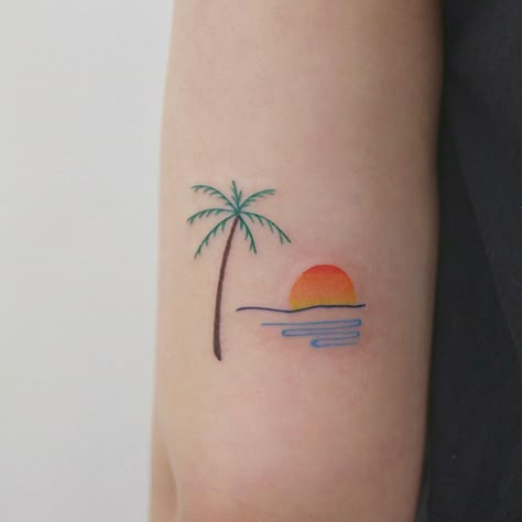 Beach scene tattoo - small tattoo - palm tree sunset ocean tattoo Small Sunset Tattoo, Strand Tattoo, Small Beach Tattoos, Sunrise Tattoo, Beachy Tattoos, Sunset Tattoo, Scene Tattoo, Ocean Tattoo, Sunset Tattoos