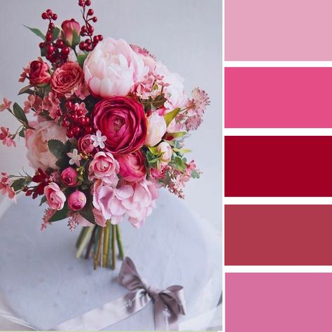 Red And Pink Wedding Palette, Shades Of Rose Wedding, Pink Colour Scheme Wedding, Wedding Color Schemes With Pink, Fushia Wedding Color Schemes, Shades Of Pink Wedding Colour Palettes, Dark Pink Wedding Theme, Pink Shades Wedding, Valentine’s Day Wedding