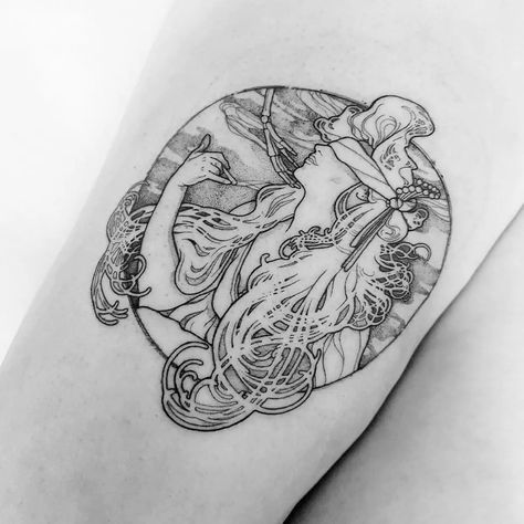 Art Nouveau Portrait Tattoo, Circe Tattoo Design, Art Nouveau Tattoo Woman, Esther Tattoo, Alphonse Mucha Tattoo, Mucha Tattoo, Portrait Tattoo Ideas, Art Nouveau Tattoo Design, Art Nouveau Portrait