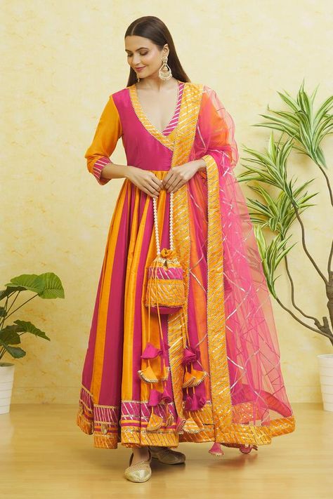 Colorful Anarkali Dress, Side Latkan Design For Kurti, Angarkha Anarkali Indian Fashion, Yellow And Pink Anarkali, Dholki Dress, Mehendi Outfit Ideas, Bandhani Dresses, Gulabo Jaipur, Mayon Dresses