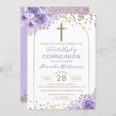 $2.80 | Arch Gold Purple Floral First Holy Communion #religious, baptism, baptism invitations, gold cross, arch invitation, first holy communion, first holy communion invitation, girl first communion, purple floral communion, first communion invitations Celebration Invitations, Communion Invitations Girl, Baptism Invitations Girl, Holy Communion Invitations, Baptism Decorations, First Communion Invitations, Girl Baptism, Communion Invitations, Baptism Invitation