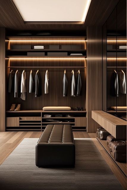 Macho Moda - Blog de Moda Masculina: WALK-IN CLOSET: Você já Conhece esse Conceito de Quarto para se Vestir? Brown Closet Ideas, Walk In Wardrobe Luxury, Walk In Wardrobe Ideas Master Bedrooms, Walk In Wardrobe Ideas, Ideas Master Bedrooms, Walkin Closets Design, Walk In Wardrobe Design, Wardrobe Design Ideas, Wooden Closet