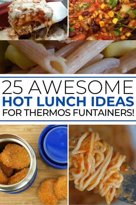 Ditch the boring sandwich and seriously up your school lunch game with a Thermos Funtainer! Check out these great lunch ideas including soup, stew and yes, even chicken nuggets. Who says you can't send a hot lunch to school with the kids? This post contains 25 tasty and easy ideas to pack in a Funtainer. Don't miss the comments section for more ideas and tips from readers! #thermos #lunch #lunchbox #school #backtoschool #mamacheaps Lunchbox Thermos Ideas, Kindergarten Hot Lunch Ideas, How To Send Hot Lunches To School, Best Thermos For Kids School Lunch, Hot Lunch Thermos Ideas, Police Lunch Ideas, Hot Lunches For School Thermos, Hot Lunch For School, Hot Lunches For School