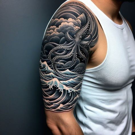 "Maritime Majesty: Ocean Waves Tattoo" Waves and shells merge with a nautical compass for a tattoo that captures the essence of adventure. #OceanTattoo #CompassInk #TattooInspiration #TattooDesign #tattoos #tattooart #tattooing #tattooideas #tattoodesign #tattooartist #tattooart #tattooinspiration Ovean Tattoos, The Great Wave Tattoo, Great Wave Tattoo, Ocean Tattoos Sleeve, Sea Plants Tattoo, Ocean Wave Tattoo, Ocean Sleeve, Full Hand Tattoo, Samurai Tattoo Design