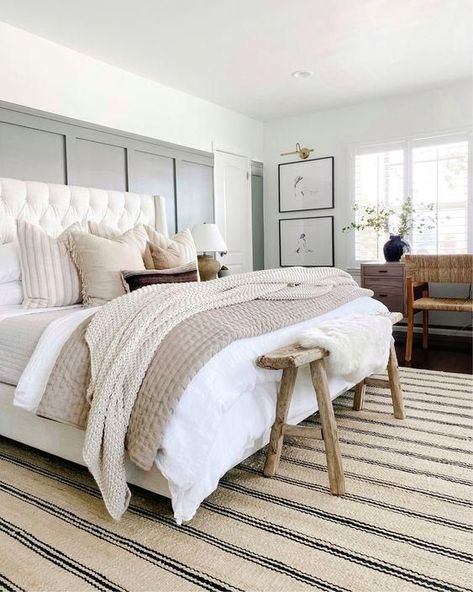 Love this beautiful bedroom design with neutral bedding, furniture, and decor and a striped jute rug - bedroom ideas - bedroom decor - coastal bedroom - the heart and haven 2023 Bedrooms, Bedroom Runner Rug, Suite Decor, Modern Coastal Bedroom, Bedroom Revamp, Girl Apartment, Future Bedroom, Modern Coastal Decor, Lady Slipper