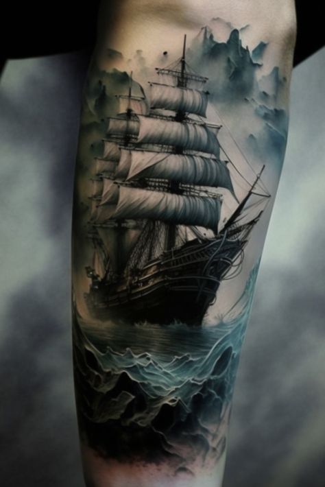 ship tattoos Sailing Ship Tattoo Design, Tattoo Ship Pirate, Maritime Tattoo Sleeve, Greek Ship Tattoo, Ship And Anchor Tattoo, Water Tattoo Men, Ship Tattoo Ideas, Ship Tattoo Design, Shipwreck Tattoo