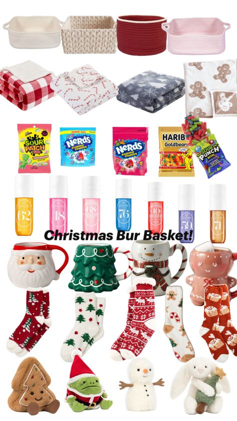 Bur Basket idea for friends and family! Basket Ideas For Best Friend, Xmas Gift Baskets, Making A Gift Basket, Basket Ideas, Secret Santa Gifts, Secret Santa, Friends And Family, Xmas Gifts, Elf On The Shelf