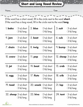 Worksheets: Short and Long Vowel Review Short And Long Vowels Worksheet For Grade 3, Vowel Diphthongs, Long Vowel Worksheets, Teaching Vowels, Short Vowel Worksheets, Digraphs Worksheets, Vowel Digraphs, Vowel Activities, Vowel Worksheets