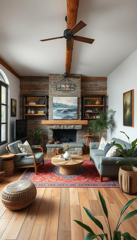 Infuse rustic charm into your small living room with wooden accents, neutral tones, and cozy decor. Create a warm, inviting atmosphere! 🌾🛋️ #RusticDecor #SmallLivingRoom Cozy Den With Fireplace, Cozy Fireplace Aesthetic, Den With Fireplace, Cozy Rustic Home, Fireplace Aesthetic, Organizing Small Home, Living Room Natural, Cozy Den, Natural Living Room