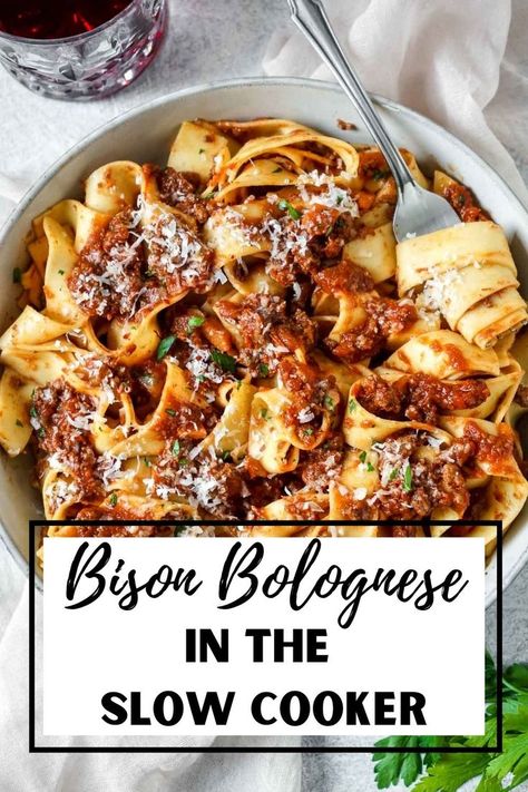 If you have never had bison before, this bison bolognese will be a pleasant surprise!! This delicious meat sauce is slow-cooked in the crockpot for that all-day, simmered taste. Served over pappardelle or your favorite pasta, it’s the ultimate bowl of comfort food! Bison Bolognese Recipe, Bison Crockpot Recipes, Bolognese Sauce Crockpot, Bison Ragu, Bison Bolognese, Crockpot Bolognese, Crockpot Spaghetti Sauce, Bison Meat, Meat Sauce Recipes