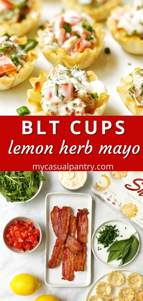 BLT Appetizer Cups are the most delicious one-bite snack. Mini phyllo shells are filled with classic BLT flavors and are topped with an herby, zingy sauce. Serve with a salad for a light lunch or add to a brunch buffet or snack spread. These classic flavors are a winner! Blt Bites Appetizers, Blt Cups, Blt Appetizer, Cup Appetizers, Herb Mayo, Phyllo Shells, Blt Bites, Appetizer Cups, One Bite Appetizers