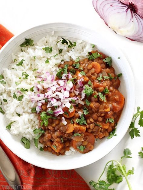 Slow Cooker Coconut Curry Lentils are a hands-off, fiber filled, freezer friendly vegan dinner. Budgetbytes.com Coconut Curry Lentils, Slow Cooker Coconut Curry, Curry Lentils, Vegan Crockpot Recipes, Vegan Slow Cooker Recipes, Vegan Crockpot, Vegan Slow Cooker, Rice Beans, Budget Bytes