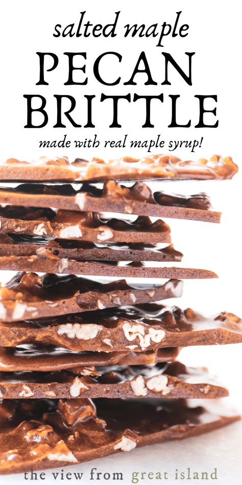 Salted Maple Pecan Brittle ~ this homemade brittle recipe is as easy as pie, made with pure maple syrup (no corn syrup!) toasted pecans, butter, and brown sugar. It’s all natural and fabulously light, crisp, and delicious. #easy #recipe #candy #homemade #maplesyrup #pecan #christmas #nut #maple Fall Brittle Recipes, Brittle Recipes Easy, Light Corn Syrup Recipes, Maple Syrup Recipes Dinner, Recipes With Corn Syrup, Maple Brittle, Corn Syrup Recipes, Nut Brittle Recipe, Maple Syrup Candy