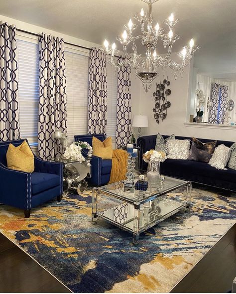 Blue Silver Gold Living Room, Royal Blue And Gold Room Master Bedrooms, Blue Gold Yellow Living Room, Living Room Ideas Blue And Gold, Blue White Silver Gold Living Room, Blue Gold And Black Living Room, Navy Blue And Grey Living Room Decor, Brown Blue Gold Living Room, Royal Blue Decor Living Room