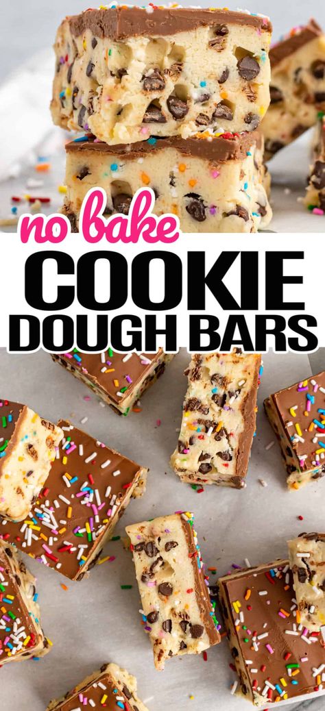 These super simple No Bake Cookie Dough Bars are the perfect make ahead dessert that any cookie dough lover will go crazy for! #RealHousemoms #nobake #cookiedough #cookiebars #dessert #chocolate #sprinkles Air Fryer Monkey Bread, No Bake Cookie Dough Bars, Cookie Dough Bark, Biscuits Breakfast, Easy No Bake Cookies, Cookie Bars Easy, No Bake Cookie, Dessert Christmas, Chocolate Peanut Butter Desserts