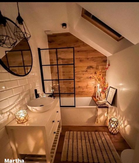 Slanted Ceiling Decor, Angled Ceiling Bathroom, Attic Bathroom Ideas Slanted Ceiling, Slanted Ceiling Bathroom, Coziest Bedroom, Vintage Bathroom Inspiration, Loft Bathroom Ideas, Attic Bathroom Ideas, Ceiling Bathroom