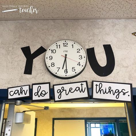 I don’t have a lot of space around the clock in my classroom, but I wanted to use it as a focal point. 🕰️️ I think I made it work. 😁 I also… Classroom Clock, Elementary Classroom Decor, 4th Grade Classroom, Middle School Classroom, New Classroom, Busy Teacher, Classroom Door, Classroom Design, Classroom Setup