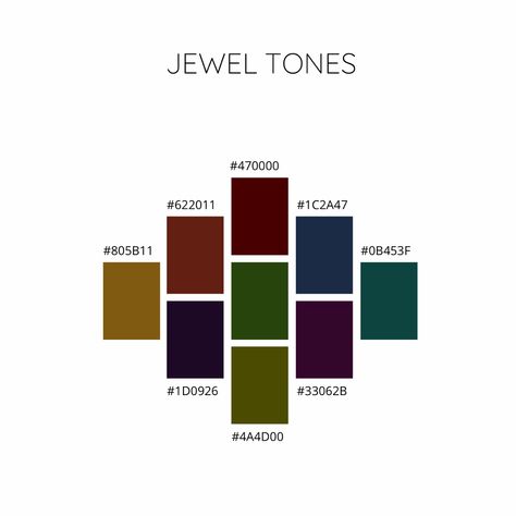 Jewel Tone Dark Academia, Rich Color Palette Jewel Tones, Gem Tones Palette, Black And Jewel Tone Color Palette, Bold Moody Color Palette, Dark Cool Tone Color Palette, Jewel Tone Hex Codes, Jewel Tone Color Combinations, Moody Summer Color Palette