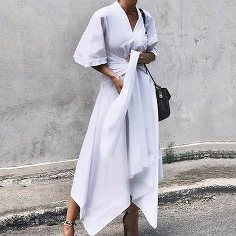 Vneck Outfit, Belted Long Dress, High Waist Maxi Dress, Women's A Line Dresses, Asymmetrical Midi Dress, Dress Sleeve Length, Tie Waist Dress, Half Sleeve Dresses, Vestidos Vintage