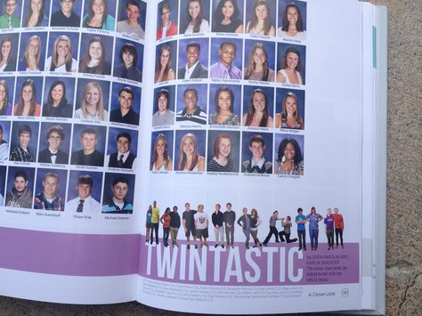 one year our yearbook had a pic of all the twins sitting on the staircase by the auditorium. Yearbook Sidebar Ideas, Staff Yearbook Page Ideas, Mod Ideas For Yearbook, Yearbook Table Of Contents Ideas, Yearbook Sidebars, Yearbook Portraits, Homecoming Yearbook Spreads, Student Life Yearbook Pages, Colorful Yearbook Spreads