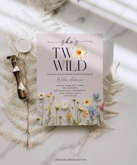 Everyone will love this beautiful editable wildflower birthday party invite template!  This design features an arrangement of realistic hand picked colorful flowers with modern elegant fonts. No special software required! Easy to edit and print! PLEASE NOTE: This purchase is for a digital template. No physical item will be shipped. * * * * * TRY BEFORE YOU BUY * * * * * https://www.corjl.com/d/66E276 * * * * * MATCHING ITEMS * * * * * Build Your Own Bundle and save 60% when you purchase 5 or mor Two Wild Flower Party, Two Wild Flower Birthday Party Girl, Wildflower 2nd Birthday Party Girl, Wildflower 2nd Birthday Party, Wild Flower Second Birthday, Second Birthday Invitation, Second Birthday Party Themes, Wildflower Party Theme, 2 Groovy Birthday Party Invites