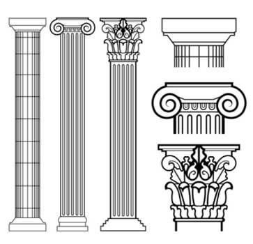 Technology/Construction Type - Columns played a large roll within Renaissance architecture as a architecture technique, specifically these three columns from the classical orders. The far left column is a doric column, as doric columns are more plain and square on top. The middle column is an ionic column as ionic columns have scrolled detailing. The far right column is a corinthian column, as corinthian columns are commonly a mix of corinthian with added floral-like details. Grecian Architecture, Ancient Greece Art, Starověký Egypt, Architecture Antique, Architectural Columns, Greek Columns, Greece Art, Corinthian Column, Ancient Greek Art