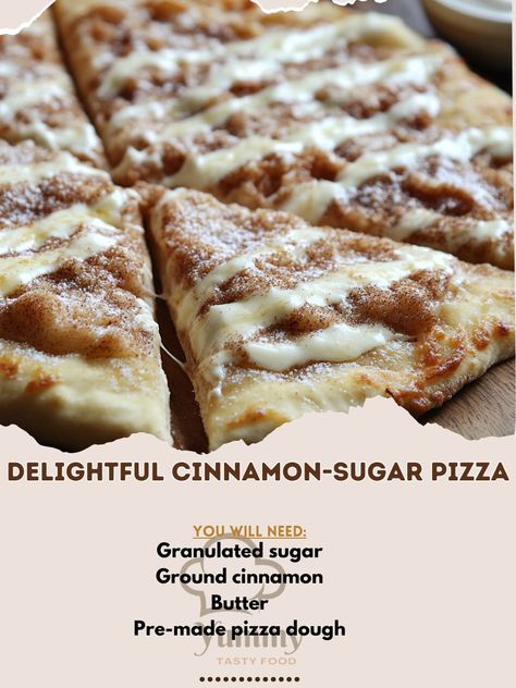 🍕 Indulge in this sweet and crunchy Delightful Cinnamon-Sugar Pizza—a treat that’s too delicious to resist! 😍✨ #SweetTooth #PizzaLovers Delightful Cinnamon-Sugar Pizza Ingredients: Pre-made pizza dough (1 sheet) Butter, melted (3 tbsp) Granulated sugar (1/4 cup) Ground cinnamon (1 tbsp) Cream cheese, softened (4 oz) Powdered sugar (1/2 cup) Vanilla extract (1 tsp) Instructions: Preheat oven to 400°F (200°C). Roll out pizza dough onto a baking sheet. Brush melted butter over the dough. Mix... Cinnamon Streusel Pizza, Papa Murphys Cinnamon Wheel, Pizza Dough Ideas Dessert, Cinnamon Roll Pizza Dessert, Cinnamon-sugar Pizza Made With Crescent Rolls, Desserts With Pizza Dough, Cinnamon Pizza Dessert, Dessert Pizza With Pizza Dough, Cinnamon Sugar Pizza With Crescent Rolls