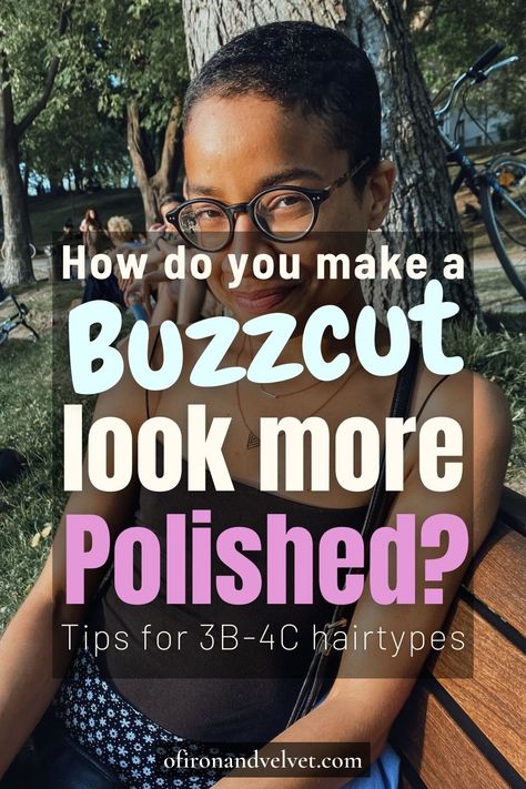 This super easy trick will make your buzz cut look more polished - Of Iron and Velvet Close Shave Haircut Women, Bald Haircuts For Black Women, Buzzcut Natural Hair, Black Shaved Hairstyles For Women, Ladies Buzzcut, Styling Bald Head Women, Twa Pixie Short Natural Hair, Black Women Buzzcut Short Hair, Shaved Haircuts For Black Women