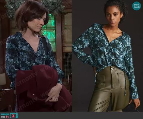 Cloth & Stone at Anthropologie Ruffled Buttondown Blouse worn by Elizabeth Webber (Rebecca Herbst) on General Hospital Elizabeth Webber, Dark Green Blouse, Hospital Pictures, Hospital Outfit, Blue Floral Blouse, Plaid Coat, Blue V, General Hospital, Green Blouse