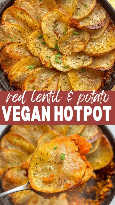 Easy vegan lentil and potato hotpot for a delicious low-calorie, cosy weeknight dinner. This vegan dinner recipe is made with a red lentil tomato ragu and layers of potato with vegan cheese, making it the perfect easy, healthy, no-fuss recipe that all the family will love. #vegandinner #veganrecipes Vegan Hotpot, Lentil And Potato, Vegan Casserole, Vegan Lentil, Vegan Main Dishes, Chickpea Curry, Tasty Vegetarian Recipes, Lentil Recipes, Vegan Dinner