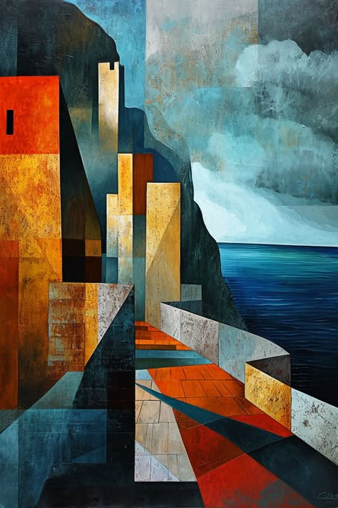 Cubism Landscape, Cubism Art Modern, Cubist Architecture, Mural Art Ideas, Abstract Circle Art, Abstract Seascape Paintings, Abstract Cubism, Painting Composition, Composition Painting