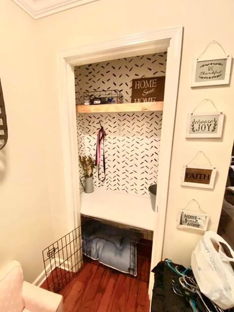 Closet Converted To Dog Kennel, Closet Turned Dog Kennel, Small Closet Dog Room, Dog Storage Closet, Guest Bedroom Dog Room, Coat Closet Dog Kennel, Dog Area In Closet, Converting Closet To Dog Room, Dog Crate In Closet Ideas