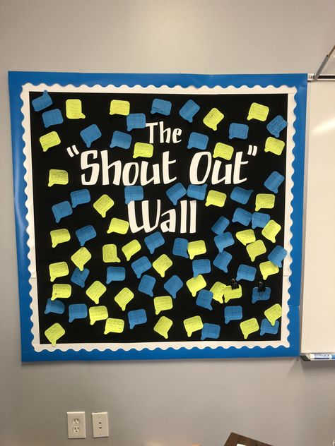 Appreciation Wall Ideas, Shoutout Board, Office Shout Out Board Ideas, Cozy Breakroom Ideas, Suggestion Board Ideas, Faculty Bulletin Board Ideas, Breakroom Decorations Ideas, Engagement Bulletin Board, Shout Out Board Ideas