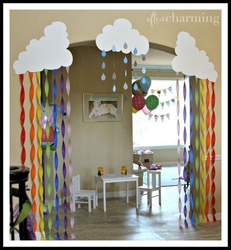 Rainbows and rain clouds make the perfect, easy DIY decorations for a Peppa Pig Party -- Often Charming Preschool Party Decorations, Peppa Pig Diy Decorations, Diy Peppa Pig Decorations, Easy Diy Party Decorations, Diy Rainbow Decorations, Diy Decorations Party, Easy Diy Decorations, Pig Birthday Decorations, Peppa Pig Birthday Party Decorations