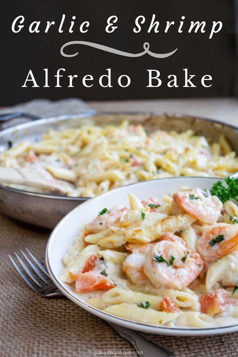 This garlic shrimp alfredo bake is a family-pleasing pasta dinner that comes together in practically no time! It's so easy and only takes a few minutes on the stovetop before it goes right into the oven to finish cooking. This cheesy shrimp pasta casserole is about to be your family's new favorite recipe! BakeItWithLove.com #bakeitwithlove #shrimp #alfredo #pasta #casserole #bake #dinner Shrimp Alfredo Bake, Easy Garlic Shrimp, Garlic Shrimp Alfredo, Garlicky Shrimp, Alfredo Bake, Creamy Pasta Dishes, Easy Pasta Dinner, Shrimp Alfredo, Alfredo Recipe