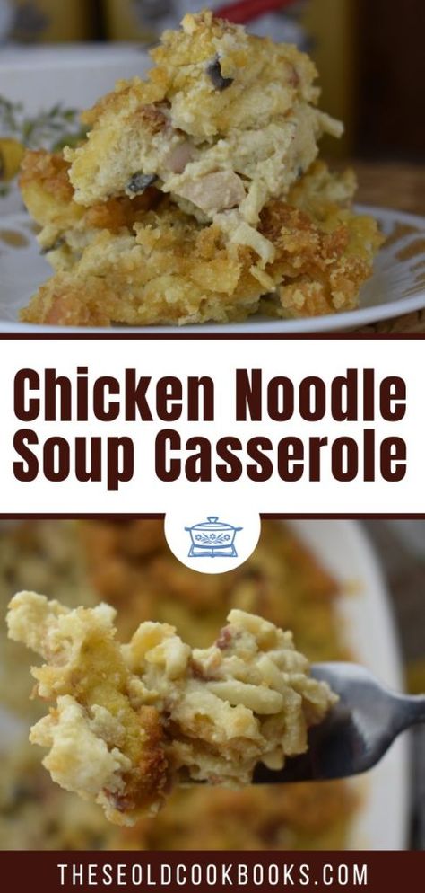 Chicken Noodle Soup Casserole is an old fashioned casserole made with canned chicken noodle soup. The ingredient list is simple, yet it becomes a rich, savory casserole perfect for dinner. Campbells Chicken Noodle Casserole, Canned Chicken Noodle Soup Recipes, Canned Chicken Noodle Soup Upgrade, Easy Can Chicken Recipes, Campbells Chicken Noodle Soup Recipes, Chicken Noodle Soup Canned Chicken, Canned Chicken Noodle Soup, Cream Of Chicken Casserole, Chicken Noodle Soup Casserole