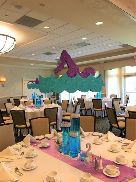 Freestyle! Swim themed party centerpieces! Swim Team Float Ideas, Swim And Dive Banquet, Swim Team Party Centerpieces, Swim Meet Theme Ideas, Swimming Centerpieces, Swim Team Party Ideas, Swim Centerpieces Banquet, Swim Team Parade Float Ideas, Swim Centerpieces