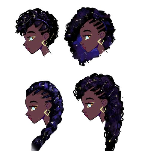 Hairstyles For Sketching, Black Braids Drawing Reference, Black Women Hairstyles Drawing Reference, Hairstyles For Medium Length Hair Drawing, 50s Hair Black Women, Braiding Hair Reference Pose, Anime Black Hairstyles, Black Hairstyles Art Reference, Butterfly Locs Drawing