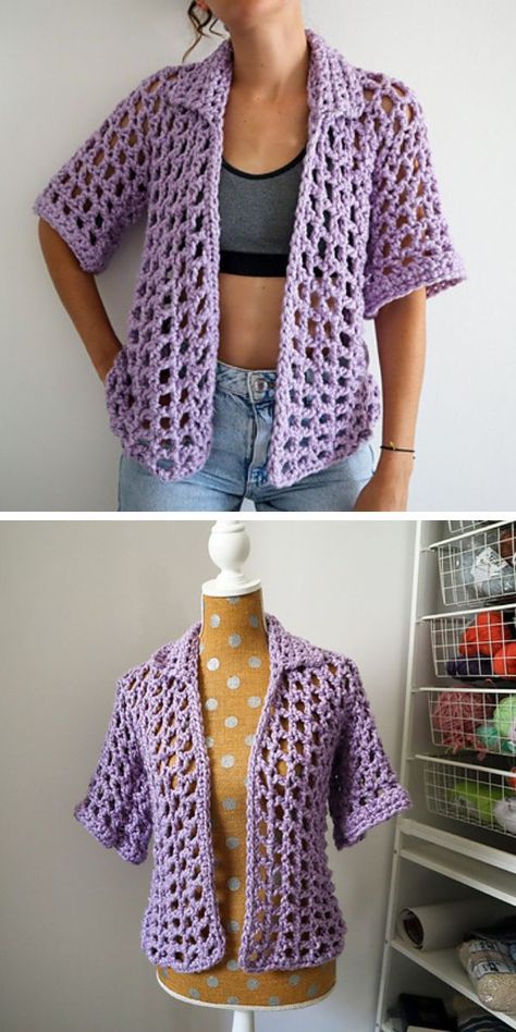 Crochet Cardigan With Collar, Crochet Short Sleeve Cardigan, Crochet Cardigan Pattern Free Women, Lace Cardigan Pattern, Crochet Shirt Pattern, Crocheted Sweaters, Feminine Crochet, Crochet Cardigan Tutorial, Crochet Apparel