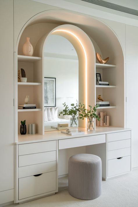 Functional built-in dressing table with storage and integrated lights. Fitted Dressing Table, Bedroom Dressing Table Ideas, Dressing Table Design Bedrooms, Built In Makeup Vanity, Vanity Ideas Bedroom, Makeup Vanity Ideas, Stylish Dressing Table, Vanity Nook, Dressing Table Ideas