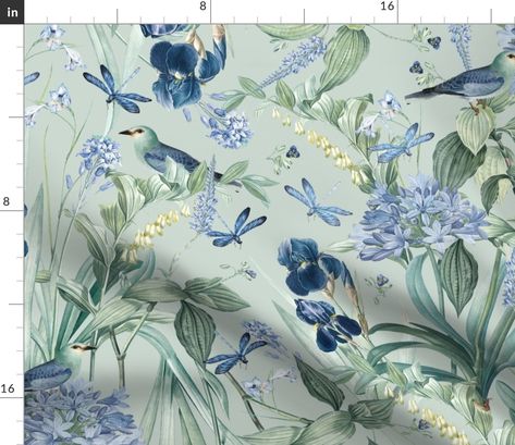 Westwick Fabric | Spoonflower Blue Flowers Background, Birds Garden, Mint Green Background, Purple Interior, Beautiful Rooms, Nature Birds, Pink Decor, Irises, Paint Colors For Home