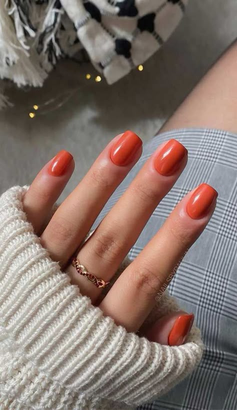 orange autumn short nails,when to start wearing fall nail colors, fall nail art, autumn nail colors, fall nail designs for short nails, autumn nails 2021, autumn nail designs 2021 Single Color Fall Nails, Short Nails Ideas Autumn Square, Cute Short Nails Autumn, Fall Trendy Nails Short, Short Nails Fall 2022, Gel Nail Fall Colors, Fall Nail Inspiration Autumn Short, Autumn Nails 2022 Short, Autumn Gel Nails Short Square